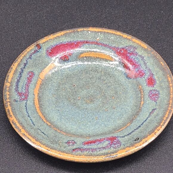 Vintage Art Pottery Cup Saucer Blue Green Purple Glazed Signed Set of 2 - Picture 6 of 6